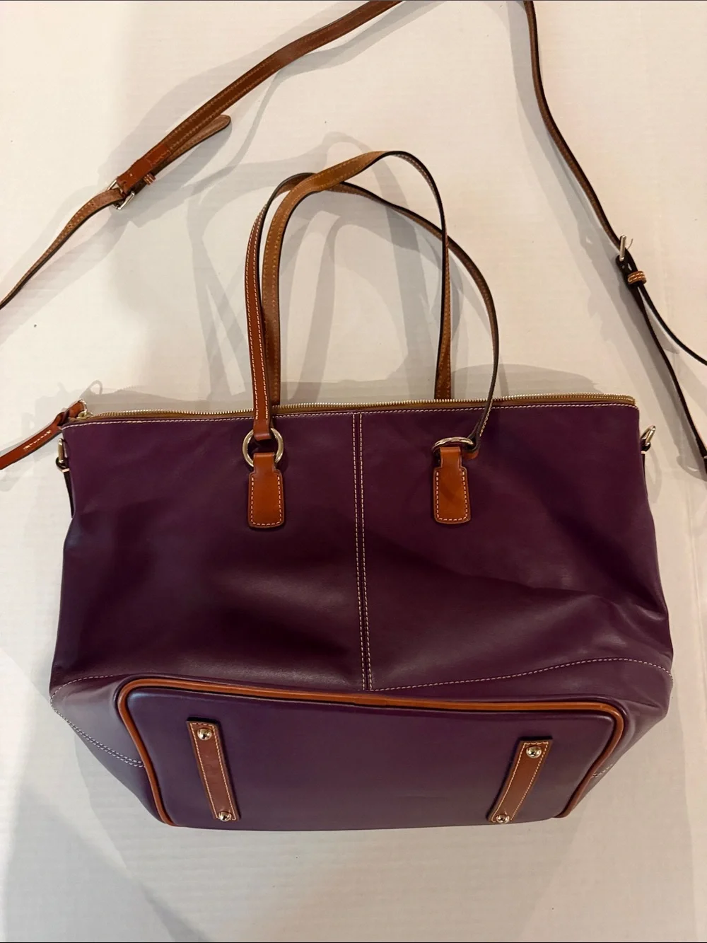Dooney & Bourke Plum Leather Tote with Tan Trim